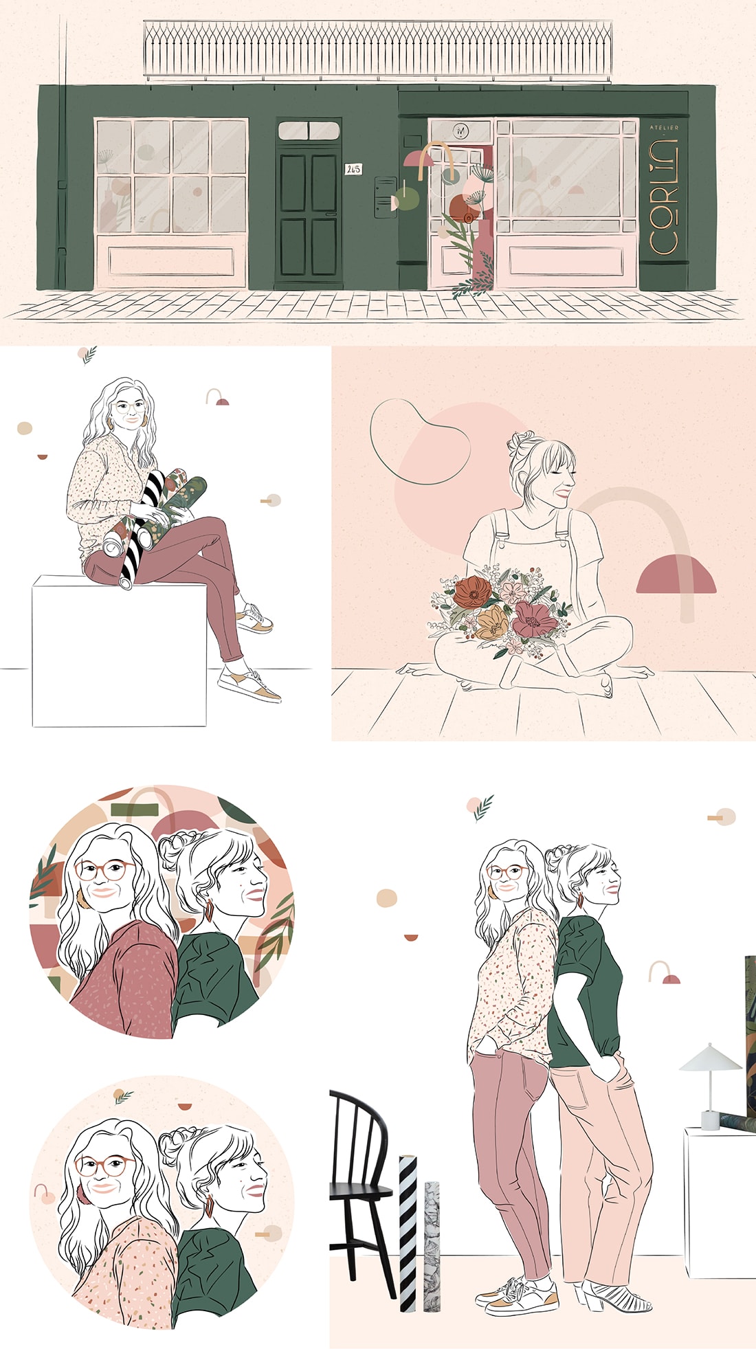 Création de différentes illustrations de portraits et de la vitrine de l’atelier pour animer les différents supports