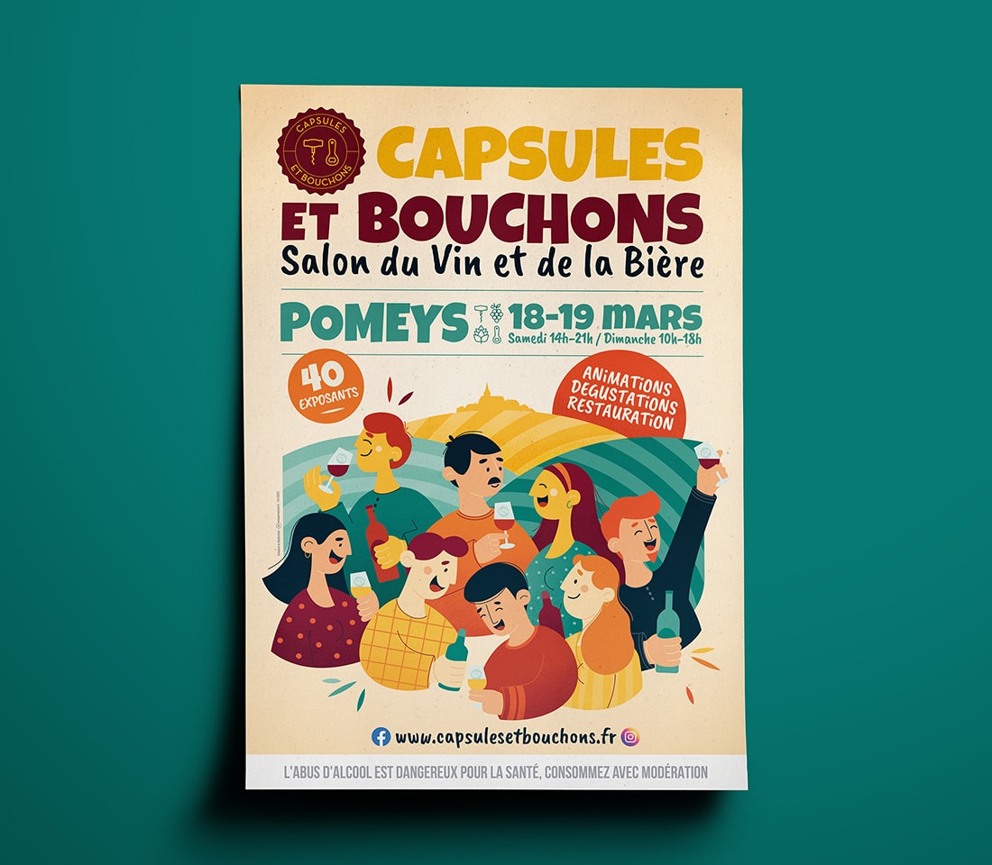 Affiche illustrée pour un salon du vin et de la bière dans les monts du lyonnais