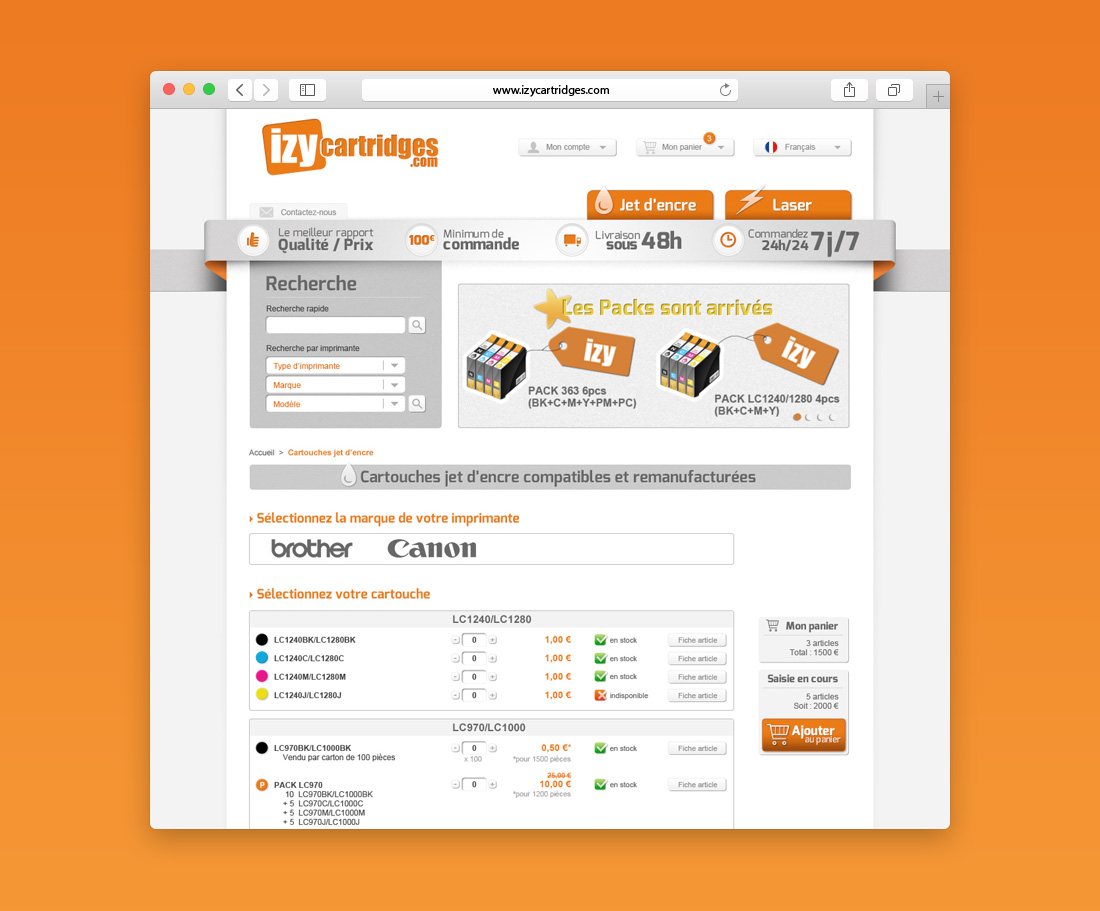 Page de contenu du site internet e-commerce