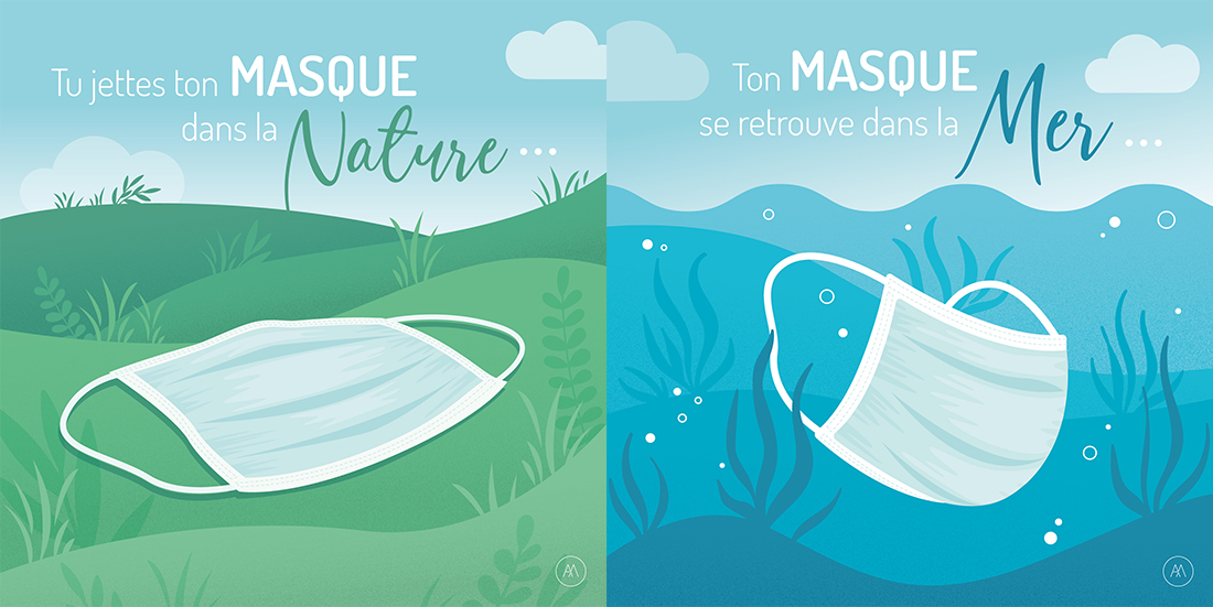 Illustration à but écologique - Tu jettes ton masque dans la nature - Ton masque se retrouve dans la mer