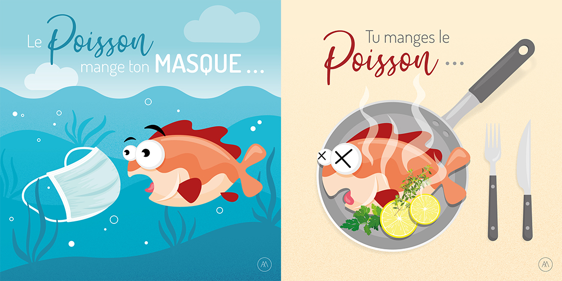 Illustration vectorielle sur le covid-19 - Le poisson mange ton masque - Tu manges le poisson