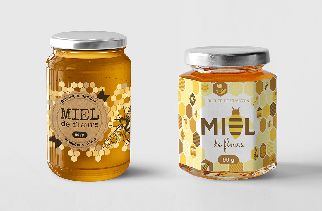 Deux packagings en illustration avec logo intégré pour des pots de miel
