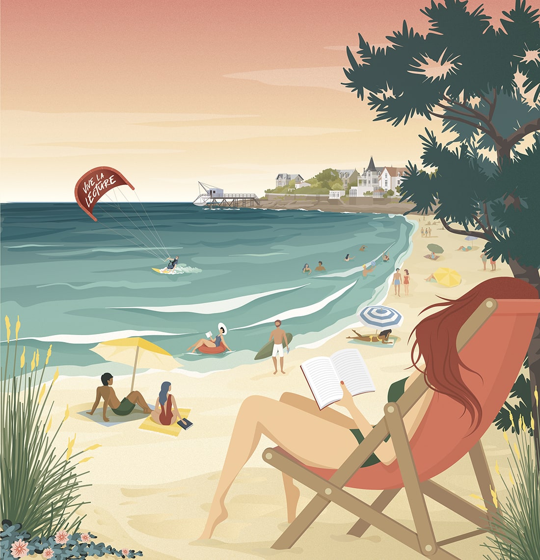 Illustration vectorielle d’une femme lisant sur une plage de la côte Atlantique