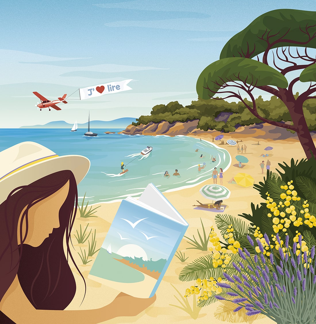 dessin estivale d’un personnage en train de lire sur une plage de Méditerrannée